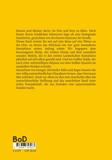 Text über eine bewegende Katzengeschichte. Unten links steht "BoD" und ein Barcode, darunter Preisangaben. Hintergrund gelb.