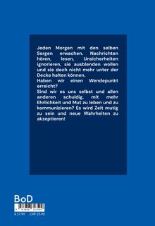 Ein Text über tägliche Sorgen und den Mut, neue Wahrheiten zu akzeptieren, auf blauem Hintergrund. Unten links BoD.