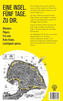 EINE INSEL. FÜNF TAGE. ZU DIR. Wandern. Pilgern. Frei sein. Ruhe finden. Leichtigkeit spüren. Gelber Hintergrund, Karte.