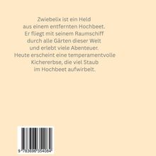 Der Text beschreibt Zwiebelix als Helden, der mit einem Raumschiff Abenteuer in Gärten erlebt, inklusive einer Kichererbse. Unten ist ein Barcode.