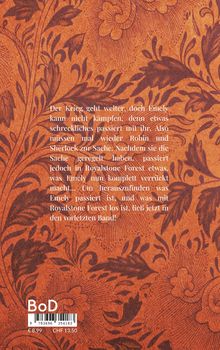 Die Beschreibung zeigt einen Text über Emely, Robin und Sherlock sowie ein orangefarbenes, florales Muster im Hintergrund.