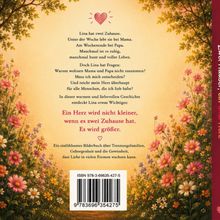 Ein herzberührender Text über Lina, die zwei Zuhause hat. Illustration mit bunten Blumen und einem Herz-Symbol.