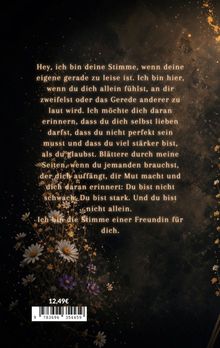 Text: Motivierende Botschaft über Unterstützung und Stärke.  
Hintergrund: Dunkel mit goldenen Akzenten, Blumenillustration.
