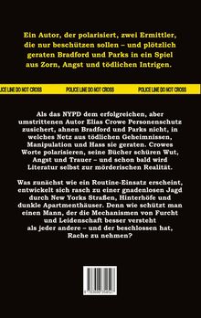 Ein Autor polarisiert, Ermittler geraten in tödliche Intrigen. Gelbes "POLICE LINE DO NOT CROSS"-Band trennt Absätze.