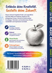 Ein Lehrbuchcover mit Anleitungen zu Zeichnen, Malerei, Mixed Media, Prüfungsfragen und einem gezeichneten Apfel.