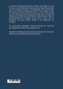 Text beschreibt einen spannenden Mittelalter-Zeitreise-Roman, der humorvoll und flüssig zu lesen ist. Unten ein Barcode.