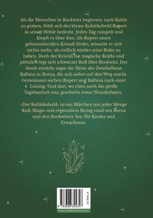 Text über einen Kohlekobold Rupert. Grüner Hintergrund, Kristallillustration unten. Webseite: www.claudiahebestreit.de.