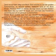 Illustration: Eine Hand hält einen Sonnenblumenkern. Text beschreibt Jamos Entdeckung und das Wachsen einer Sonnenblume.