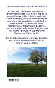 "Gesammelte Gedichte von 2018 bis 2026." Text über zeitkritische und naturverbundene Gedichte, dazu ein Baum auf einer Wiese.
