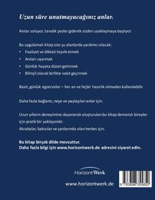 Es handelt sich um einen Text über ein Buch. "Uzun süre unutmayacağınız anlar" steht groß am Anfang. Das Buch hilft bei Aktivität, Aufmerksamkeit und Erinnerungen. Es ist in mehreren Sprachen verfügbar. Weitere Infos findet man auf www.horizontwerk.de. Unten ist ein Logo von HorizontWerk.