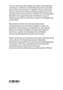 Text beschreibt ein Buch über Körperbewusstsein, Selbstliebe, Sinnlichkeit und Selbstbegegnung für Leser ab 18 Jahren.