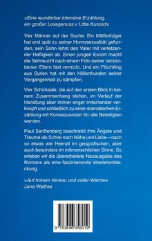 Ein blaues Cover mit Text über vier Männer und ihre Schicksale; Zitate loben die Erzählung als intensiv und voller Wärme.
