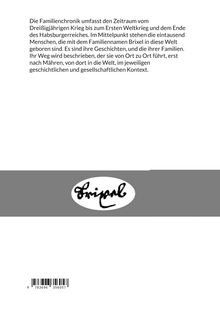 Text beschreibt eine Familienchronik von 30-jährigem Krieg bis WWI-Ende. Unten Grauer Balken mit ovalem Logo und Barcode.
