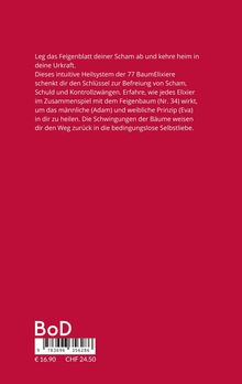 Text beschreibt ein Heilsystem mit 77 BaumElixieren zur Befreiung von Scham. BoD Logo und Barcode unten.