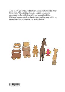 Text beschreibt Abenteuer von Anto und Piepsi auf Mallorca. Darunter Illustration von zwei Bären, einem Esel und buntem.