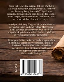 Text beschreibt die Wahl von Materialien. Holzuntergrund, zusammengerolltes Papier, Barcode, Preis: 14,90€.