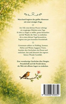 Ein Text über Entdeckungen und Freundschaft in der Natur, eingefasst von blühenden Zweigen und einem kleinen Vogel.