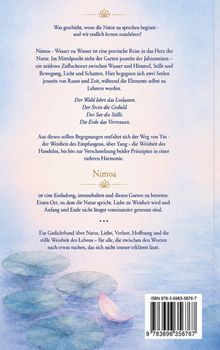 Text über eine poetische Reise in die Natur und Weisheitselemente. Unten Seerosenblätter auf Wasser mit Blattboot.
