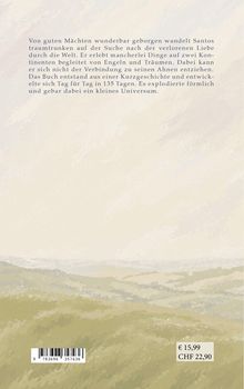 Ein Text beschreibt Santos' Reise auf der Suche nach Liebe, begleitet von Engeln. Unten rechts stehen die Preise: € 15,99 und CHF 22,90. Darunter eine Landschaftsillustration.
