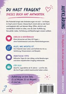 Text: "DU HAST FRAGEN? DIESES BUCH HAT ANTWORTEN." Farbiges Layout mit Symbolen für Herz, Geschlecht, Sprechblasen.