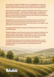 Text über Ahnenforschung, deren Spuren und Geschichten. Illustration von einer hügeligen Landschaft mit Feldern und Bäumen.
