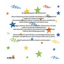 Texte: „Großer Malspaß für kleine Künstler!“, „Viel Freude beim Krikeln.“ Bunte Kritzelsterne in Blau, Grün und Orange.