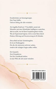 Text über eine transformative Reise mit KI-Dialogen, kein Technikratgeber. Fokus auf kritisches Denken. ISBN unten. Hintergrund: sanfte Pastelltöne.