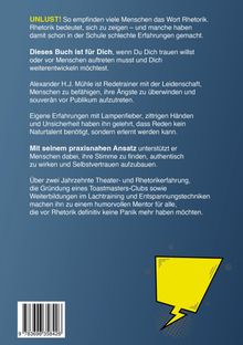 Rhetorik als Werkzeug, um Lampenfieber zu überwinden und authentisch aufzutreten. Gelber Sprechblase rechts unten.