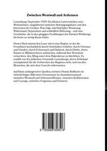 „Zwischen Westwall und Ardennen“ ist oben zu lesen. Text über Luxemburg im Zweiten Weltkrieg. Unten ein Barcode.