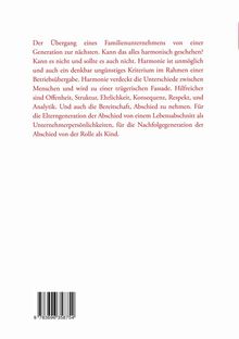 Text über den Übergang in Familienunternehmen, Harmonie und notwendige Werte wie Offenheit, Respekt und Abschied. Links unten ein Barcode.