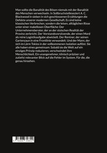 Text beschreibt die Banalität des Bösen mit leisen Rissen in der Gesellschaft, die Menschlichkeit verschwinden lassen. Unten ein Barcode.