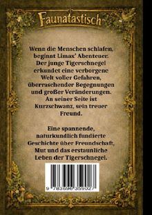 Buchtitel oben: "Faunatastisch". Rahmen mit Blatt- und Pilzmuster. Text über Limax und Kurzschwanz, Abenteuer und Freundschaft.