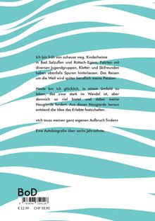 Text über Lebensweg und Neugier. Weißes, kurviges Muster auf türkisfarbenem Hintergrund, Barcode unten.