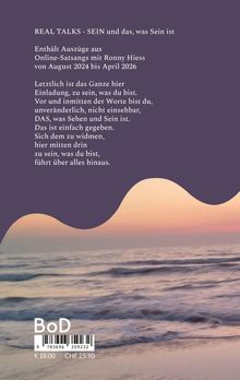 Oben steht: "REAL TALKS - SEIN und das, was Sein ist". Unten eine Küstenansicht bei Sonnenuntergang.