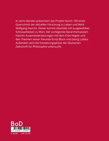 Roter Hintergrund. Text beschreibt das "Projekt Harich 100", Forschung zu Wolfgang Harich, Hegel und Zeitgeschichte. Preisangaben: €18,00 und CHF 25,90. Unten ein Barcode.