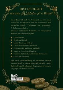 Text: "BIST DU BEREIT mit dem Wohlstand zu flirten?" Grün-goldene Gestaltung mit dekorativen Mustern und Münzen am Rand.
