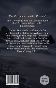 Rückseite eines Buches mit einem Text über das raue Leben am Meer, tägliche Kämpfe und Hoffnung auf eine bessere Zukunft.