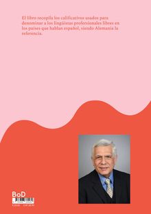 Text in Rot auf Rosa: Inhalt des Buches über Bezeichnungen von Linguisten. Darunter ein Porträt eines älteren Mannes im Anzug.