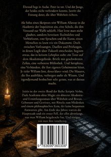 Der Text beschreibt eine düstere Akademie, in der ein Junge die Wahrheit sucht. Rechts ist ein Fenster; links eine Kerze.