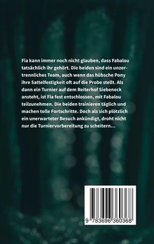 Ein Text beschreibt Fias unzertrennliches Team mit Pony Fabalou und ihre Turniervorbereitungen. Unten ein Barcode. Hintergrund dunkel.