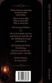 Rückentext eines Buches: Über Menschen, Erinnerungen und Verbindungen. Titel: "Der MANN mit dem ROTEN BART". Deko: Laterne, Verzierungen.