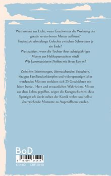 Ein Text beschreibt 25 Geschichten über Familienkonflikte und überraschende Momente. Hintergrund: blauer Himmel mit Wolken.
