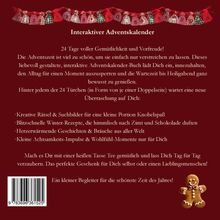 Interaktiver Adventskalender. Rote Hintergrundfarbe mit dekorativen Elementen, wie Zahlen auf Säckchen und Lebkuchenmann.