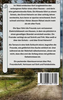 Text über ein Abenteuer, in dem fünf Jungdetektive eine Kiste finden. Es geht um Rätsel, Freundschaft und Gefahren.