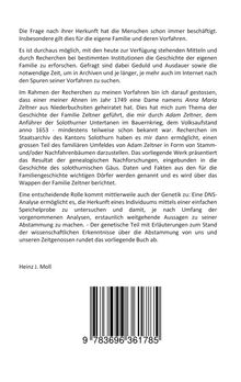 Text über Familienforschung und Genetik. Erwähnt Anna Maria Zeltner und Adam Zeltner. Autor: Heinz J. Moll. Unten Barcode.