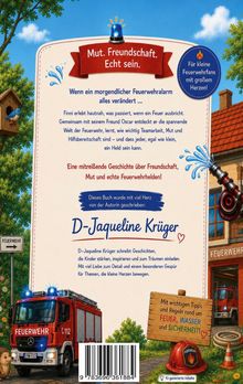 Mut. Freundschaft. Echt sein. Für Feuerwehrfans! Illustration mit Feuerwehrauto und Haus, lebendige Farben, verspielte Details.