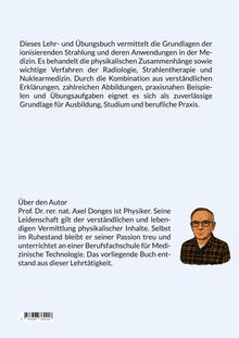 Texte: Buchbeschreibung zur Strahlung in der Medizin. Autorinfo: Physiker Axel Donges. Illustration: Mann mit Brille und Hemd.