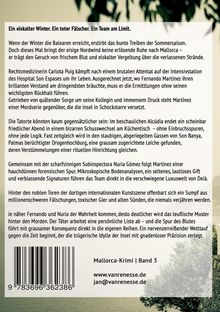 Ein eiskalter Winter. Ein toter Fälscher. Ein Team am Limit. Text auf beigem Hintergrund mit Buchbeschreibung, Kontaktinfo.