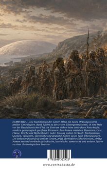 Text: "EXMYSTIKA – Die Stammlinien der Götter öffnet ein neues Ordnungssystem antiker Genealogien..."  
Illustration von Menschen auf einem felsigen Küstenpfad mit einer großen Kugel am Horizont.