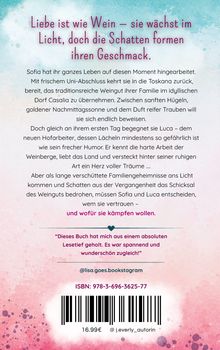 Ein Buchrücken mit Text über Wein und Liebe. ISBN: 978-3-696-3625-77. Preis: 16,99 €. Pastellfarbener Hintergrund.